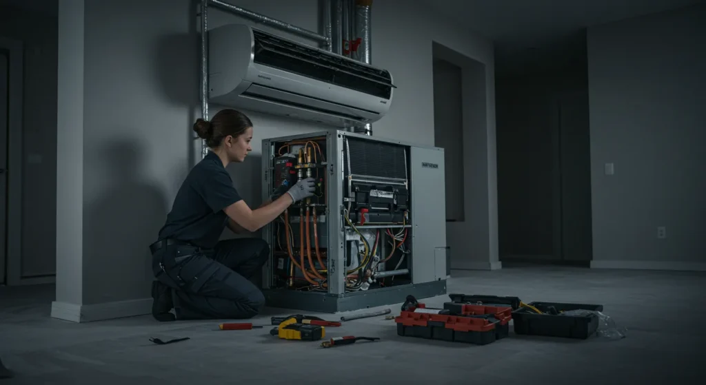 A female HVAC technician installing an indoor AC unit
