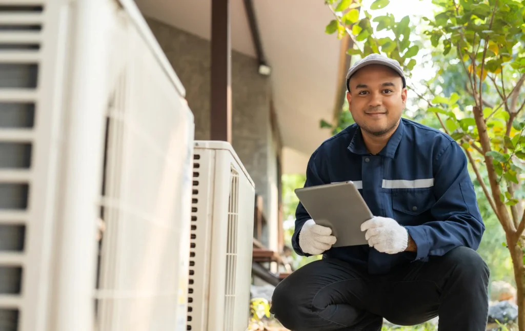A Technician wearing cap and blue shirt standing in front of an outdoor AC