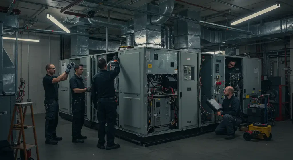 Commercial HVAC in Cleveland, TX 1 Four HVAC technicians in navy blue dress standing and inspecting indoor HVAC System