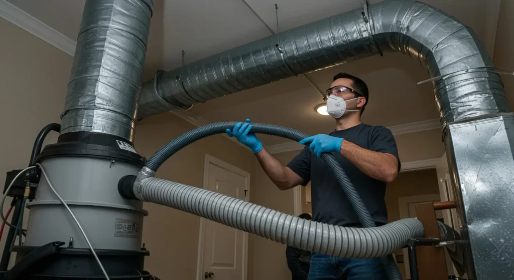 Duct Cleaning in Onalaska, TX 1 A technician wearing a face mask and blue gloves is holding a vacuum hose, performing duct cleaning on large metal ducts in a room.