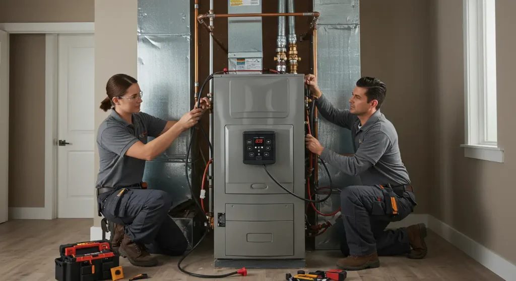 Furnace Installation in Cleveland, TX 1 A male and female technician installing a indoor furnace system