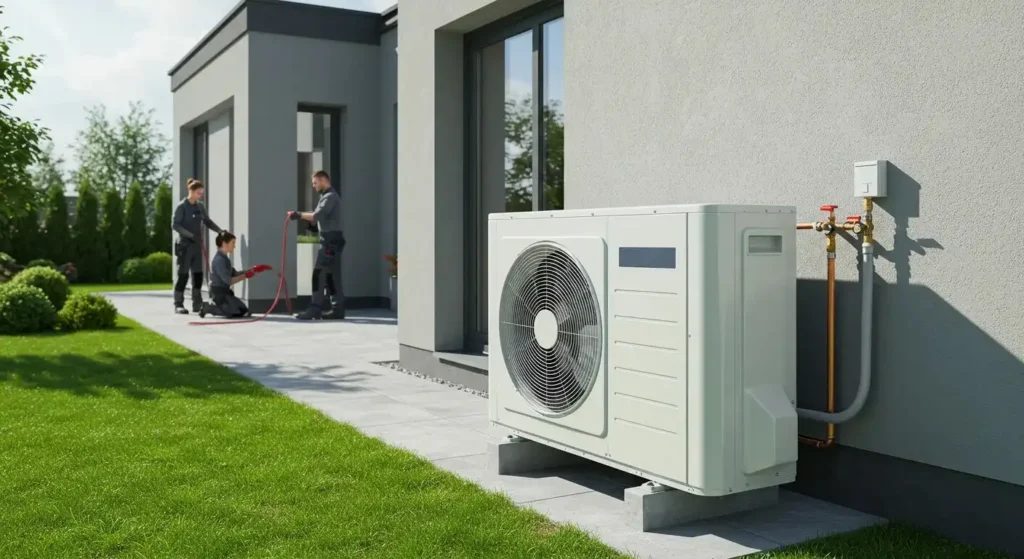 Heat Pump Installation In Shepherd, TX 1 A white heat pump installed outside the house